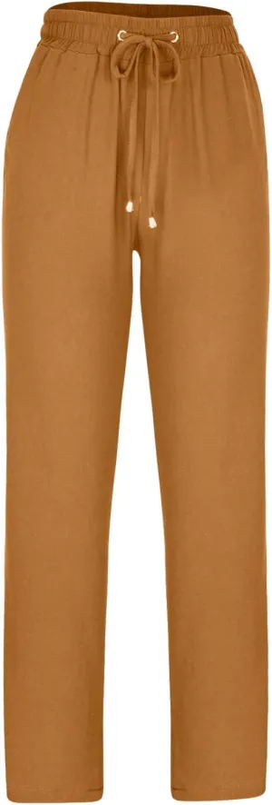 Linen Pants for Women Summer Lightweight Drawstring Elastic Waist Pants Loose Comfy Wide Leg Trousers with Pockets