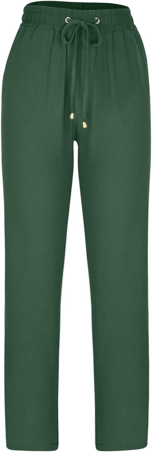 Linen Pants for Women Summer Lightweight Drawstring Elastic Waist Pants Loose Comfy Wide Leg Trousers with Pockets