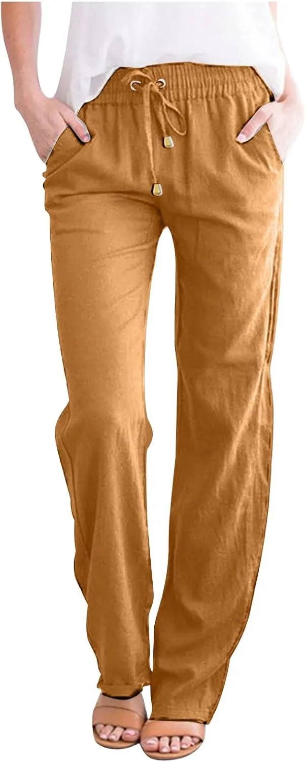 Linen Pants for Women Summer Lightweight Drawstring Elastic Waist Pants Loose Comfy Wide Leg Trousers with Pockets