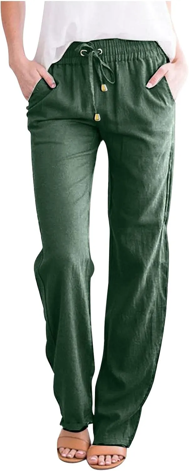Linen Pants for Women Summer Lightweight Drawstring Elastic Waist Pants Loose Comfy Wide Leg Trousers with Pockets
