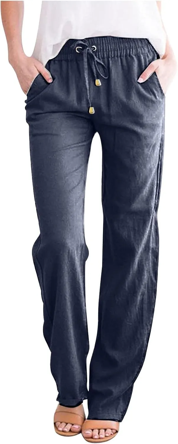 Linen Pants for Women Summer Lightweight Drawstring Elastic Waist Pants Loose Comfy Wide Leg Trousers with Pockets