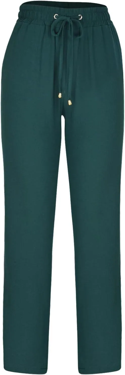Linen Pants for Women Summer Lightweight Drawstring Elastic Waist Pants Loose Comfy Wide Leg Trousers with Pockets