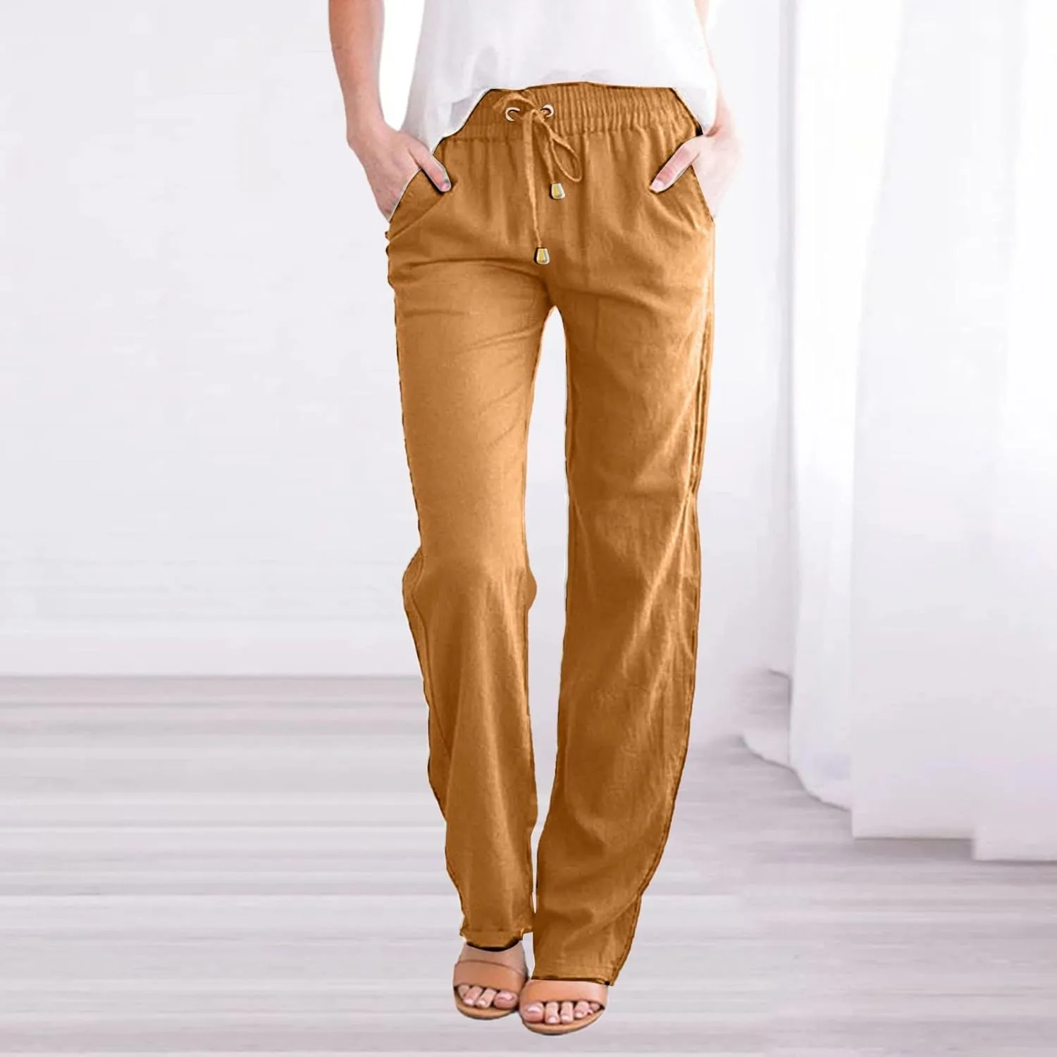 Linen Pants for Women Summer Lightweight Drawstring Elastic Waist Pants Loose Comfy Wide Leg Trousers with Pockets