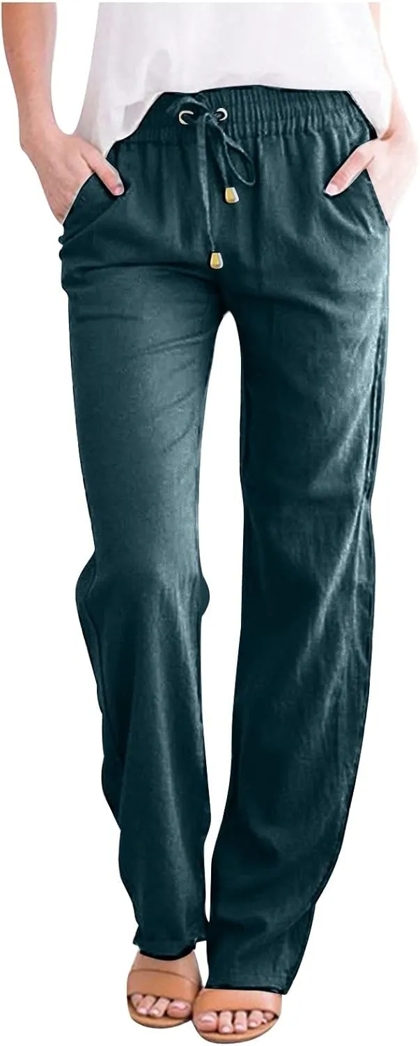 Linen Pants for Women Summer Lightweight Drawstring Elastic Waist Pants Loose Comfy Wide Leg Trousers with Pockets