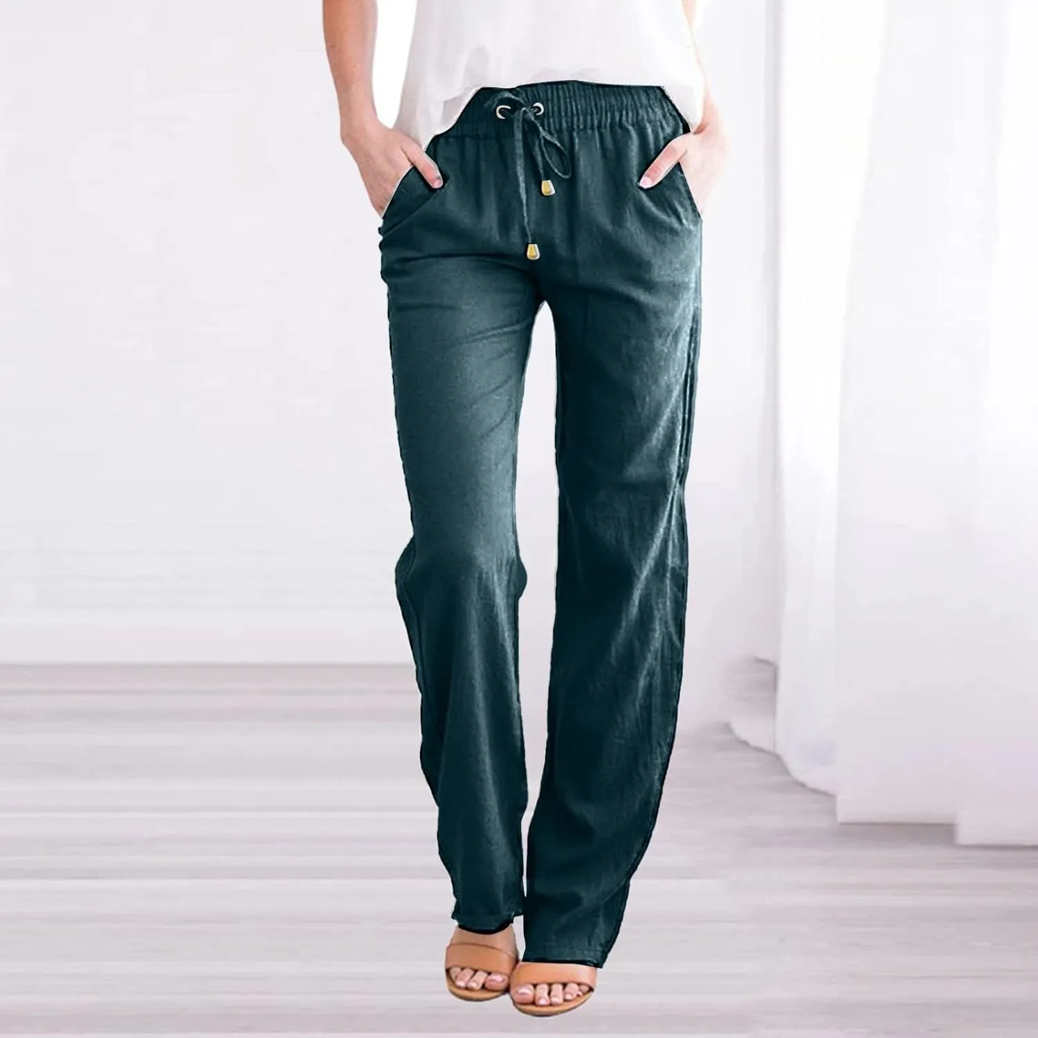 Linen Pants for Women Summer Lightweight Drawstring Elastic Waist Pants Loose Comfy Wide Leg Trousers with Pockets