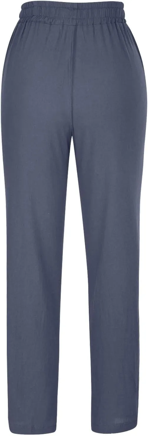 Linen Pants for Women Summer Lightweight Drawstring Elastic Waist Pants Loose Comfy Wide Leg Trousers with Pockets