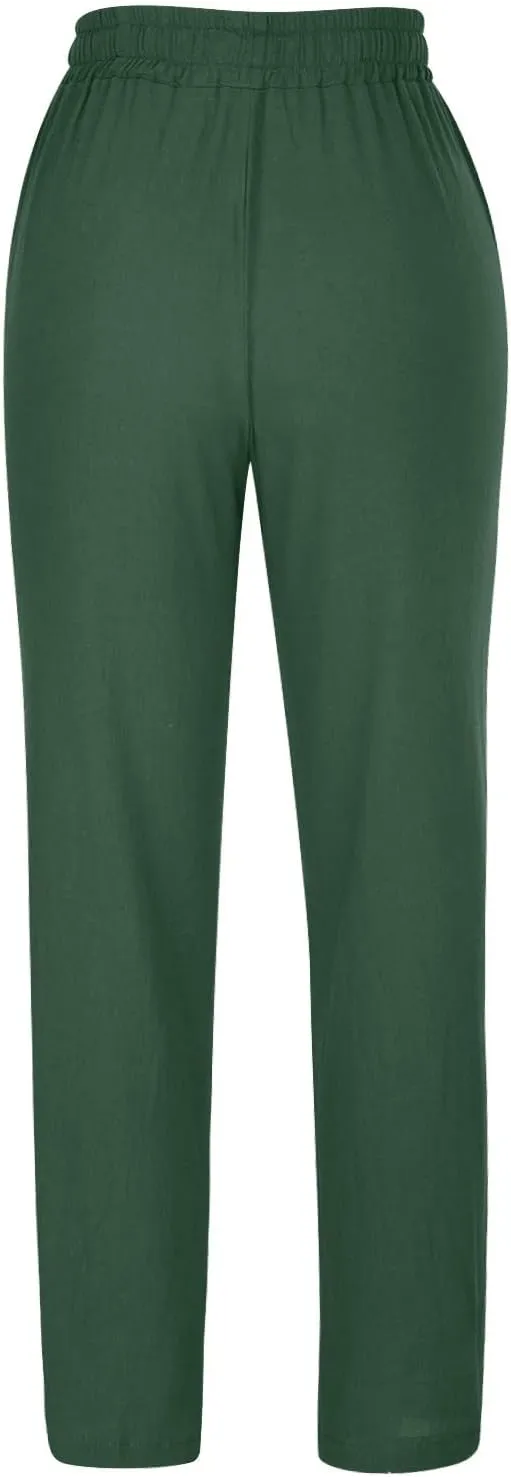 Linen Pants for Women Summer Lightweight Drawstring Elastic Waist Pants Loose Comfy Wide Leg Trousers with Pockets
