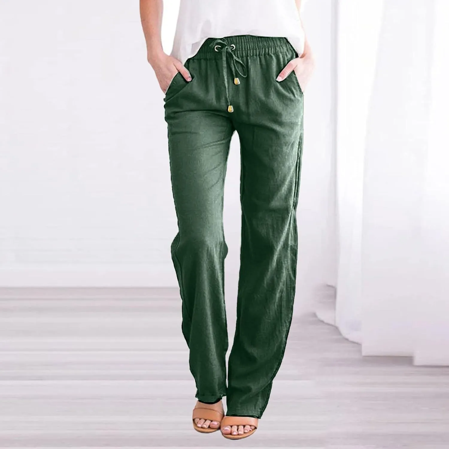 Linen Pants for Women Summer Lightweight Drawstring Elastic Waist Pants Loose Comfy Wide Leg Trousers with Pockets