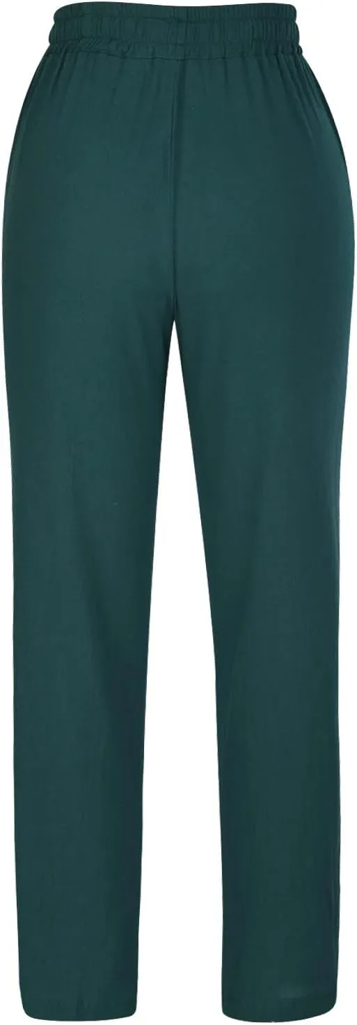 Linen Pants for Women Summer Lightweight Drawstring Elastic Waist Pants Loose Comfy Wide Leg Trousers with Pockets