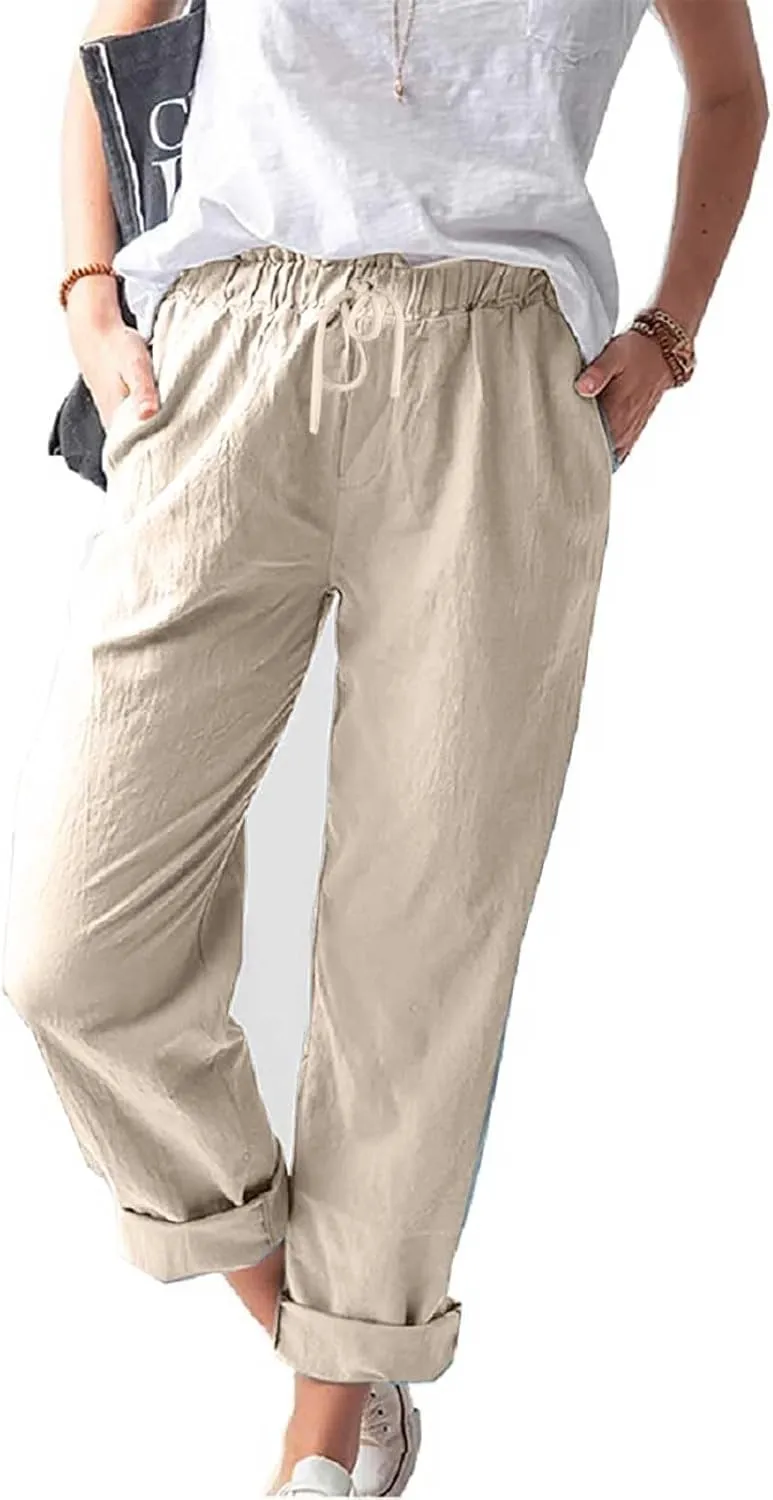 Linen Pants Women 2025 Straight Wide Leg Elastic Waisted Pants Casual Summer Lounge Beach Trousers with Pockets