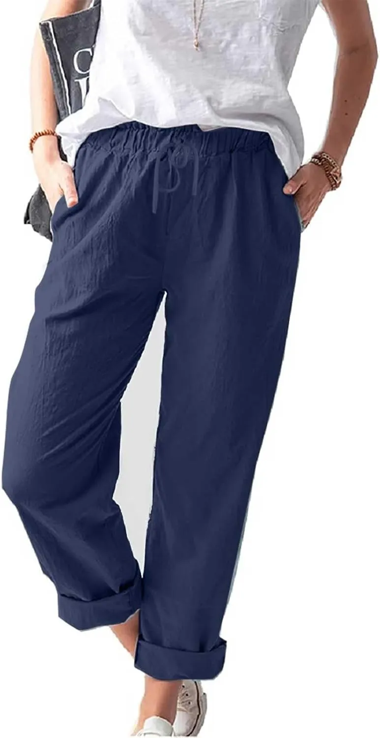 Linen Pants Women 2025 Straight Wide Leg Elastic Waisted Pants Casual Summer Lounge Beach Trousers with Pockets