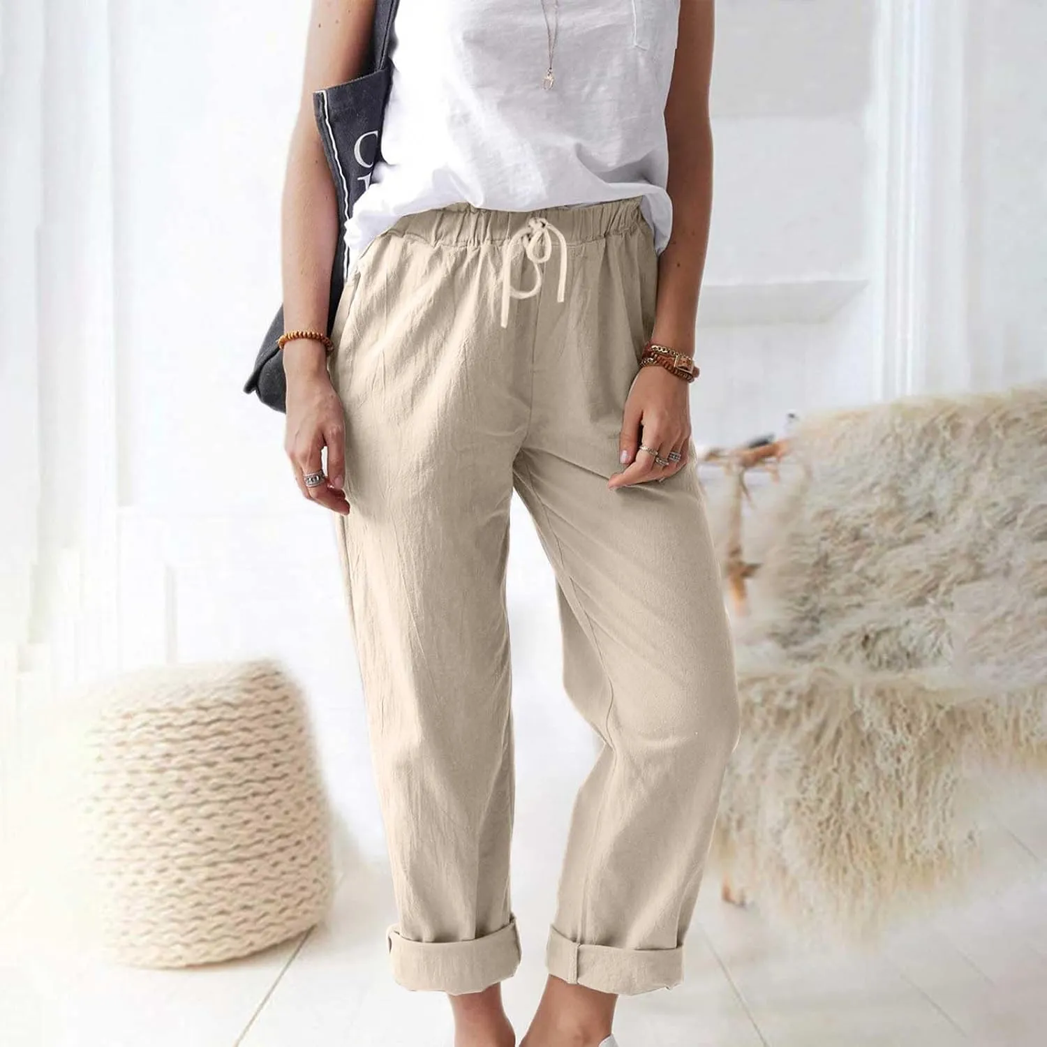 Linen Pants Women 2025 Straight Wide Leg Elastic Waisted Pants Casual Summer Lounge Beach Trousers with Pockets