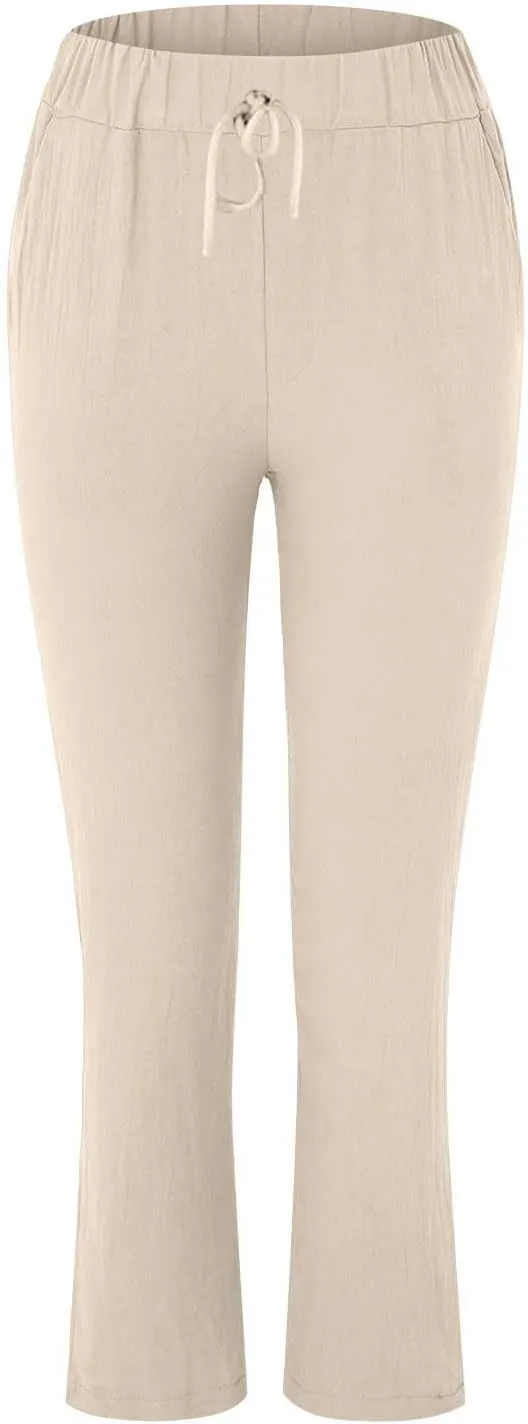 Linen Pants Women 2025 Straight Wide Leg Elastic Waisted Pants Casual Summer Lounge Beach Trousers with Pockets