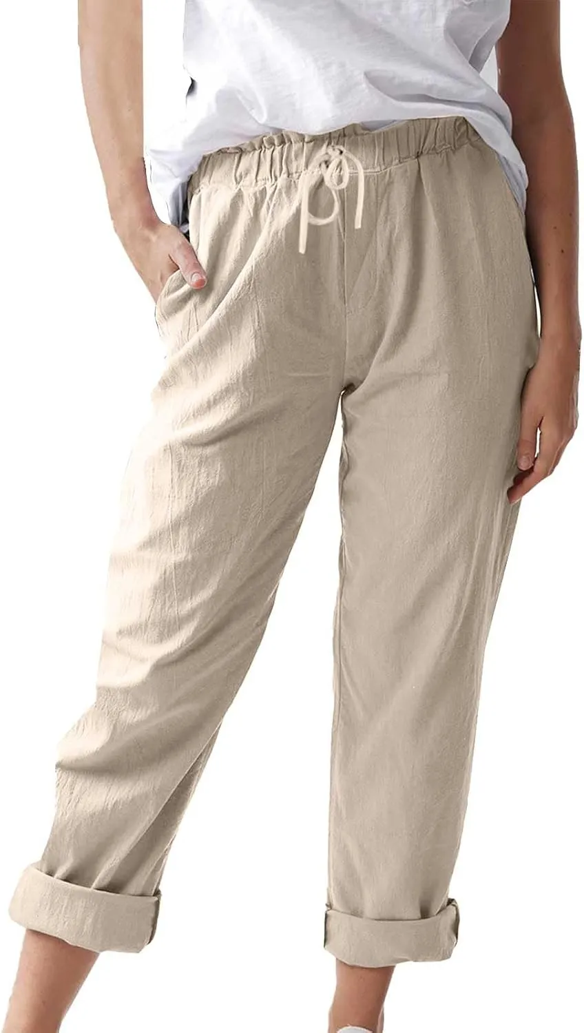 Linen Pants Women 2025 Straight Wide Leg Elastic Waisted Pants Casual Summer Lounge Beach Trousers with Pockets