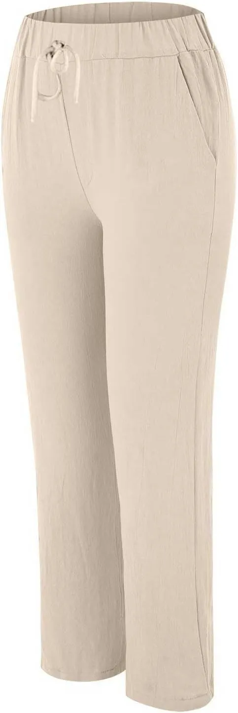 Linen Pants Women 2025 Straight Wide Leg Elastic Waisted Pants Casual Summer Lounge Beach Trousers with Pockets