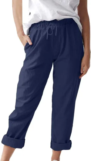 Linen Pants Women 2025 Straight Wide Leg Elastic Waisted Pants Casual Summer Lounge Beach Trousers with Pockets