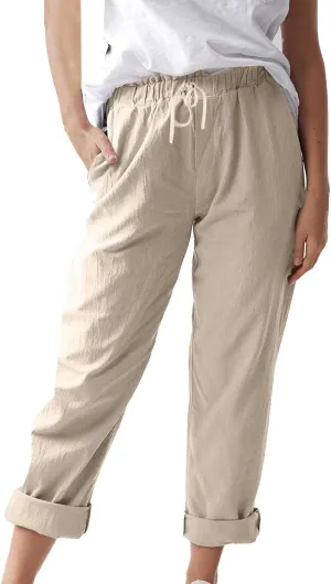 Linen Pants Women 2025 Straight Wide Leg Elastic Waisted Pants Casual Summer Lounge Beach Trousers with Pockets