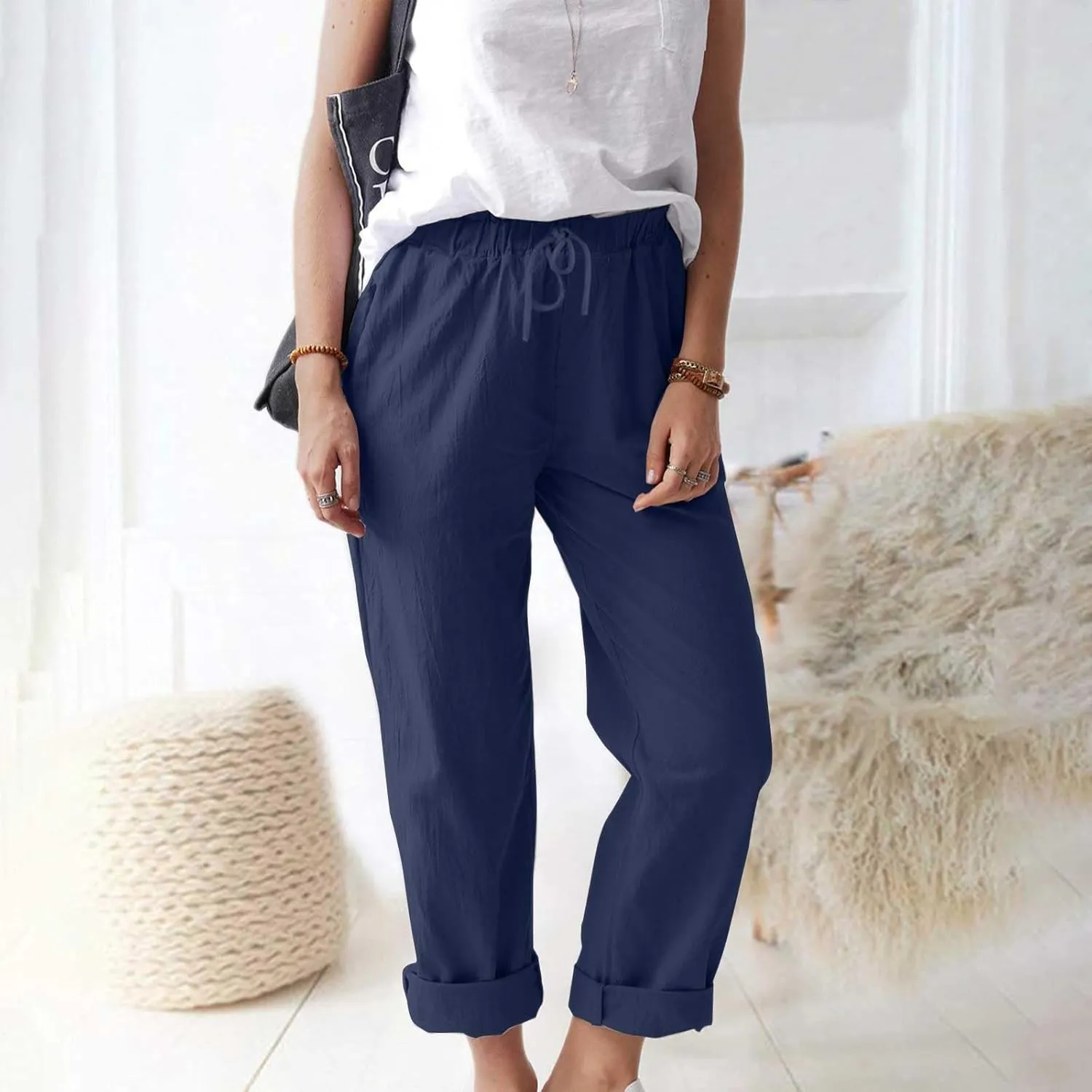 Linen Pants Women 2025 Straight Wide Leg Elastic Waisted Pants Casual Summer Lounge Beach Trousers with Pockets