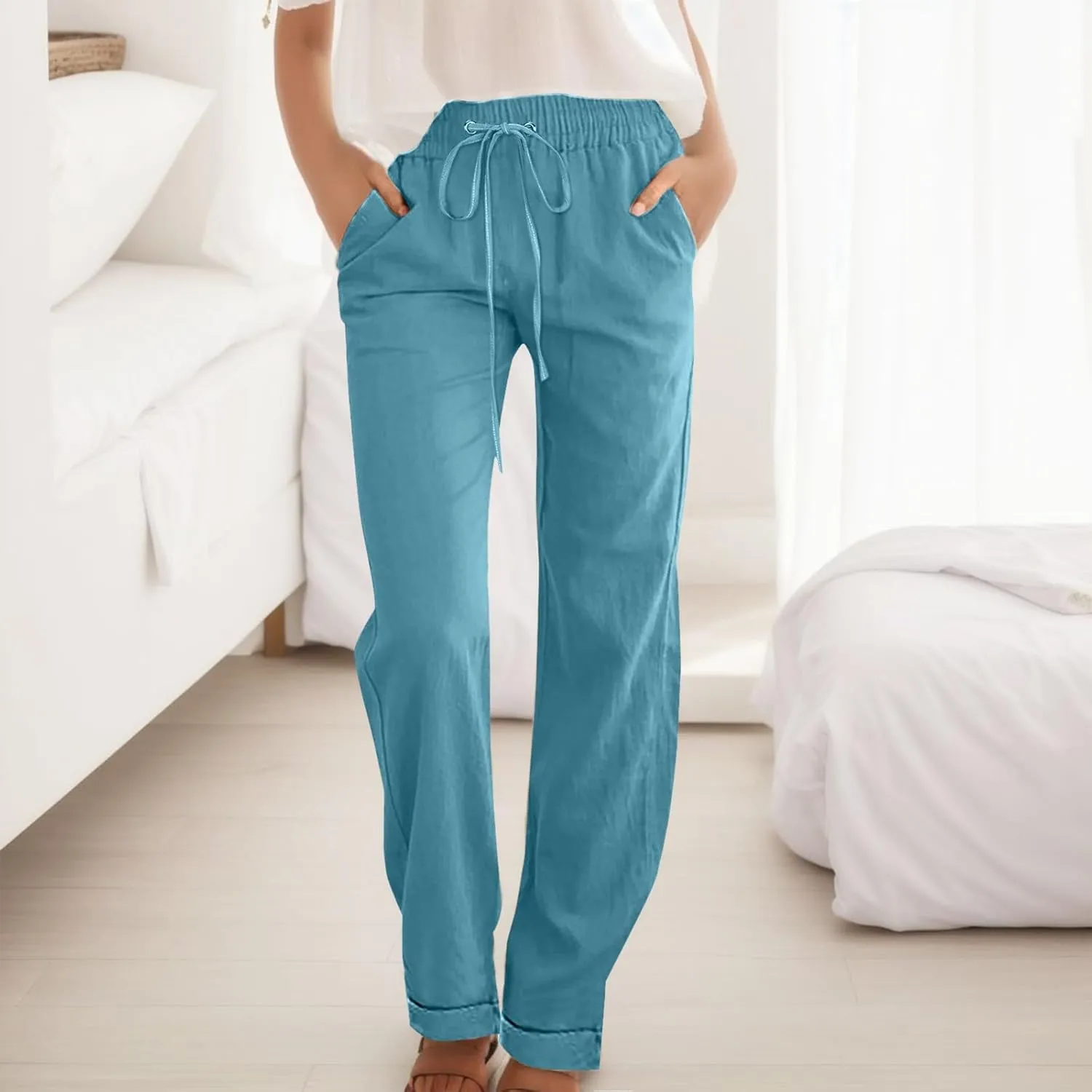 Linen Pants Women Casual Pants Straight Leg Drawstring Elastic High Waist Loose Comfy Trousers with Pockets