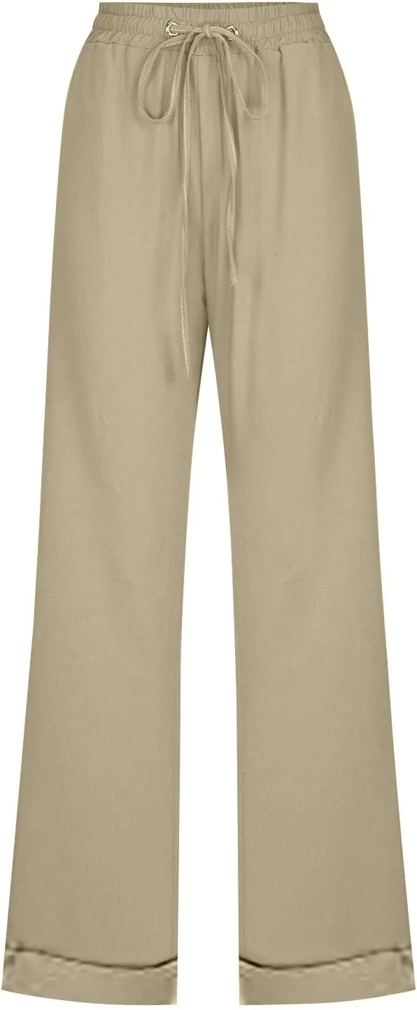 Linen Pants Women Casual Pants Straight Leg Drawstring Elastic High Waist Loose Comfy Trousers with Pockets