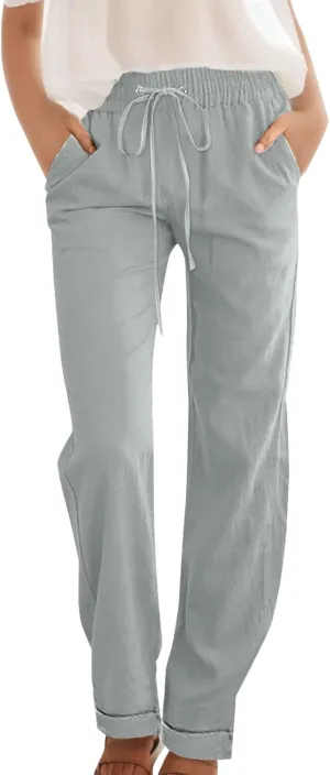 Linen Pants Women Casual Pants Straight Leg Drawstring Elastic High Waist Loose Comfy Trousers with Pockets