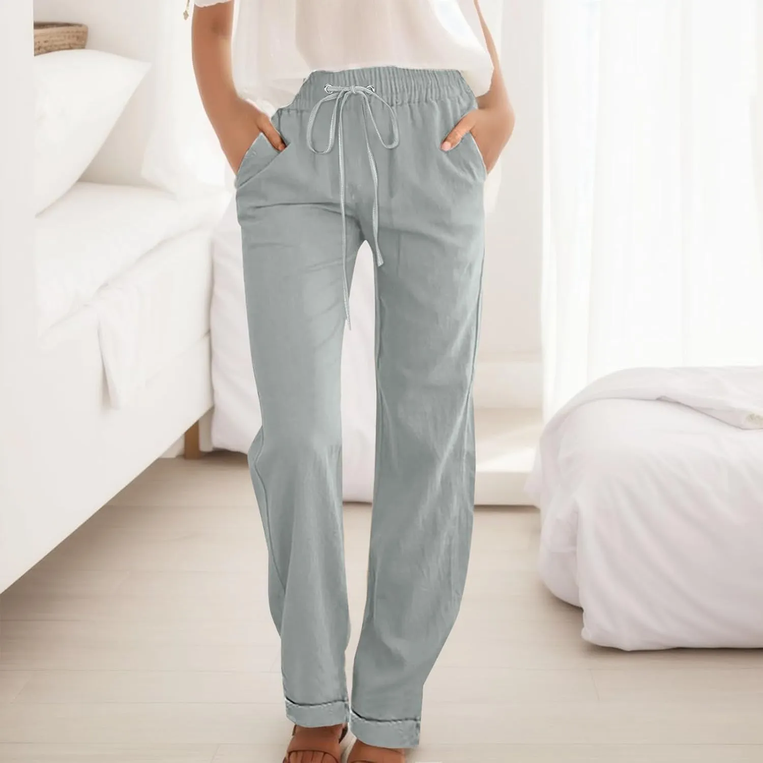 Linen Pants Women Casual Pants Straight Leg Drawstring Elastic High Waist Loose Comfy Trousers with Pockets
