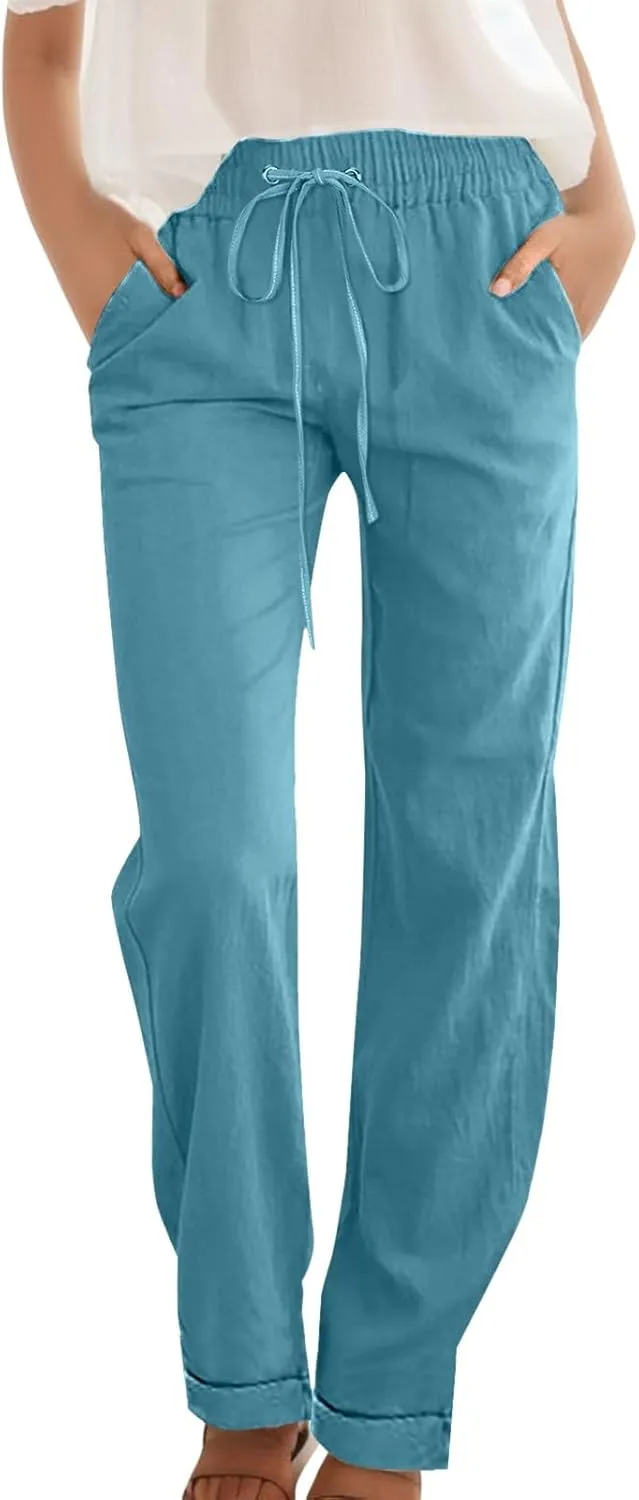 Linen Pants Women Casual Pants Straight Leg Drawstring Elastic High Waist Loose Comfy Trousers with Pockets