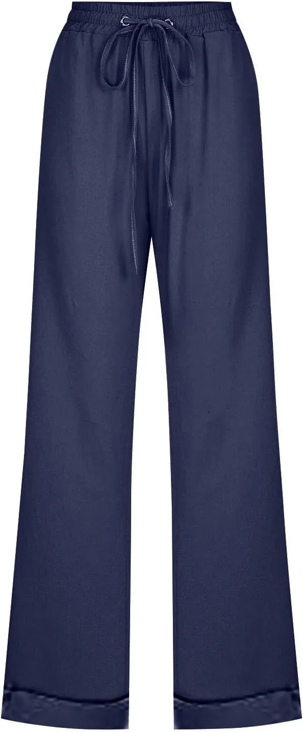 Linen Pants Women Casual Pants Straight Leg Drawstring Elastic High Waist Loose Comfy Trousers with Pockets