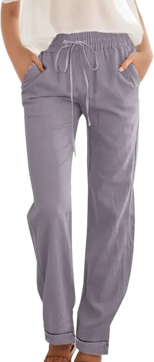 Linen Pants Women Casual Pants Straight Leg Drawstring Elastic High Waist Loose Comfy Trousers with Pockets