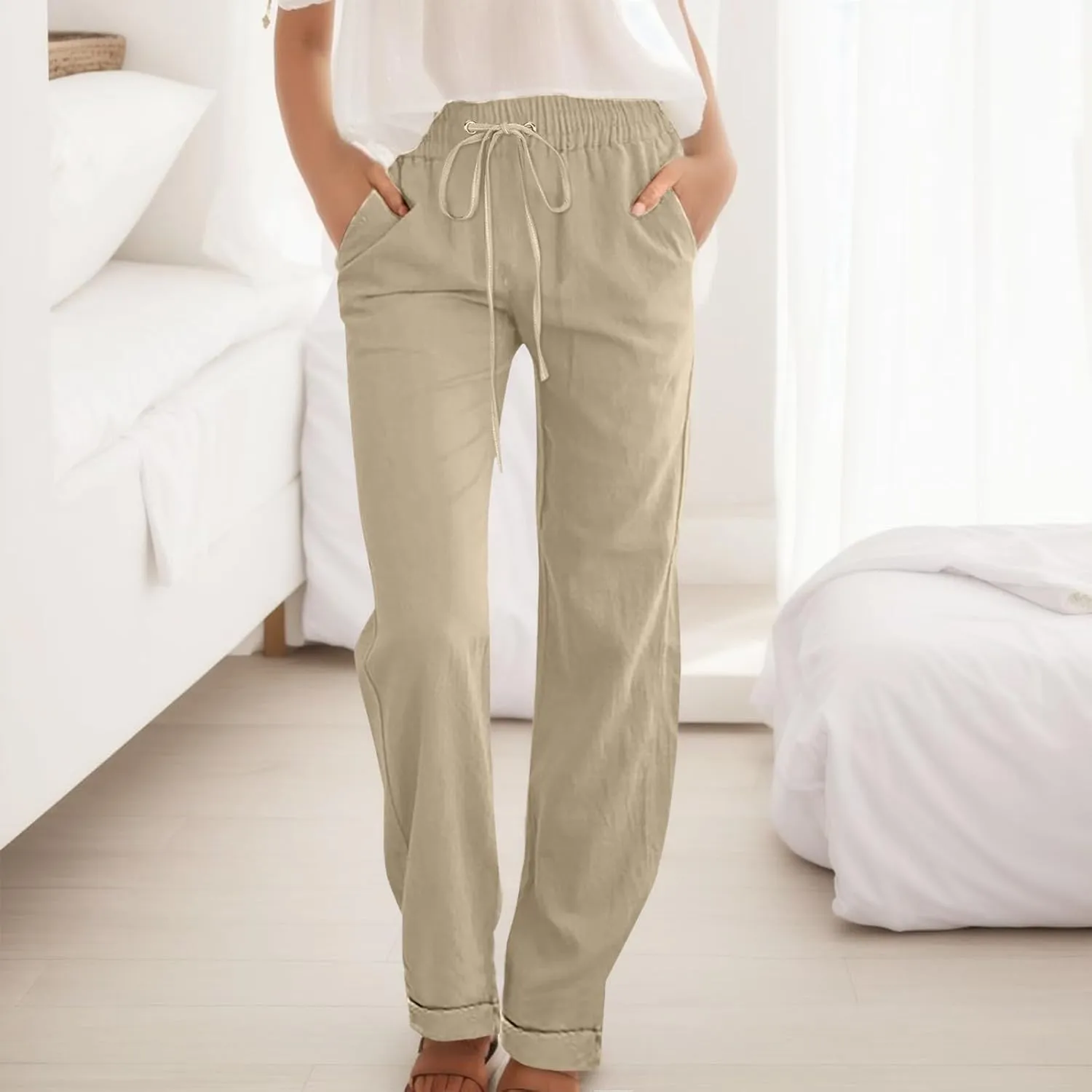 Linen Pants Women Casual Pants Straight Leg Drawstring Elastic High Waist Loose Comfy Trousers with Pockets