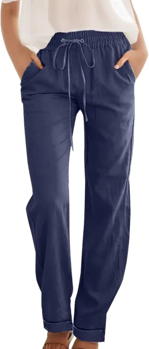 Linen Pants Women Casual Pants Straight Leg Drawstring Elastic High Waist Loose Comfy Trousers with Pockets