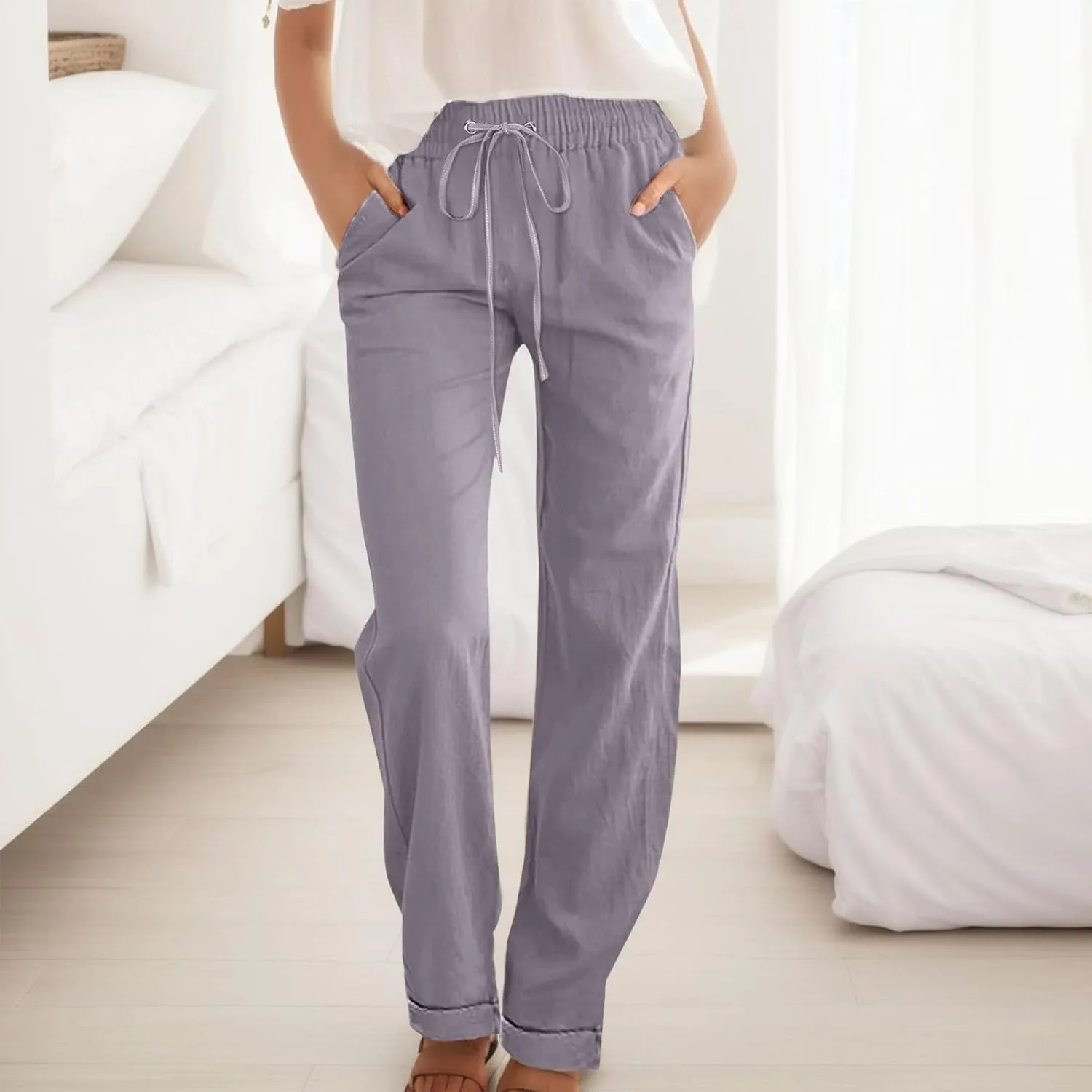 Linen Pants Women Casual Pants Straight Leg Drawstring Elastic High Waist Loose Comfy Trousers with Pockets