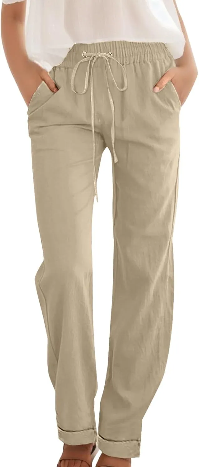 Linen Pants Women Casual Pants Straight Leg Drawstring Elastic High Waist Loose Comfy Trousers with Pockets