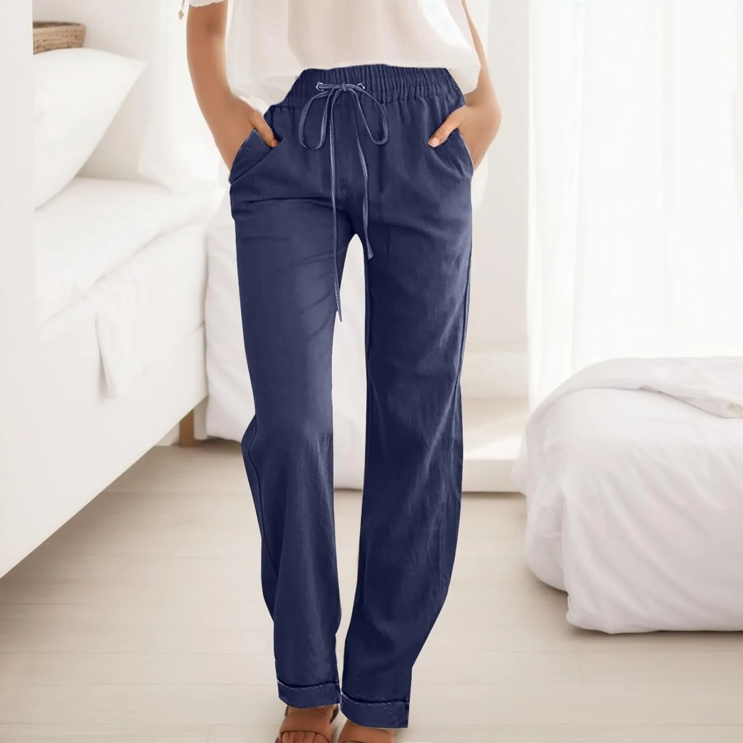 Linen Pants Women Casual Pants Straight Leg Drawstring Elastic High Waist Loose Comfy Trousers with Pockets