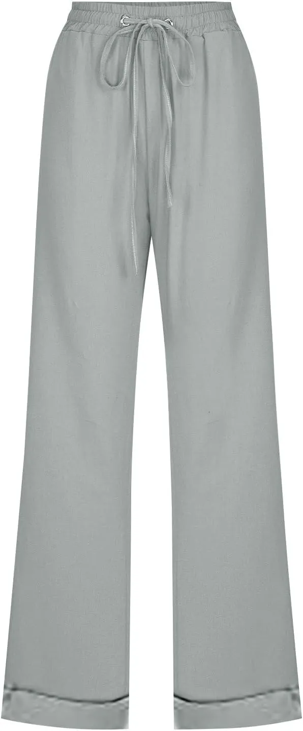 Linen Pants Women Casual Pants Straight Leg Drawstring Elastic High Waist Loose Comfy Trousers with Pockets