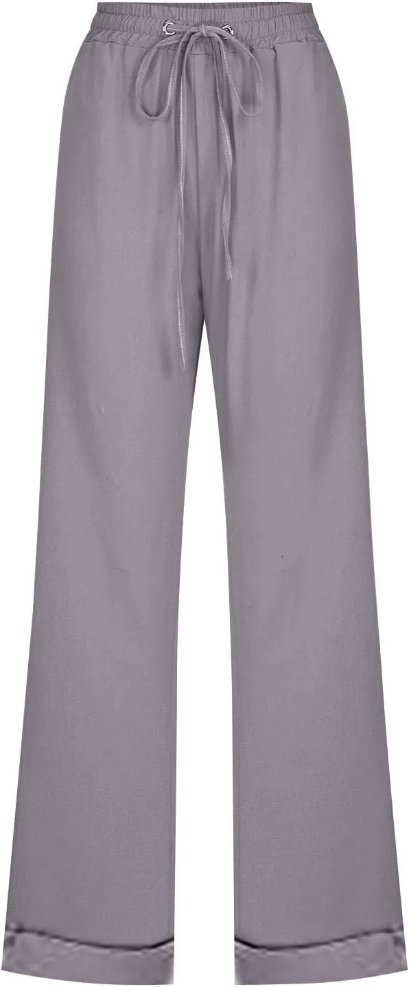 Linen Pants Women Casual Pants Straight Leg Drawstring Elastic High Waist Loose Comfy Trousers with Pockets