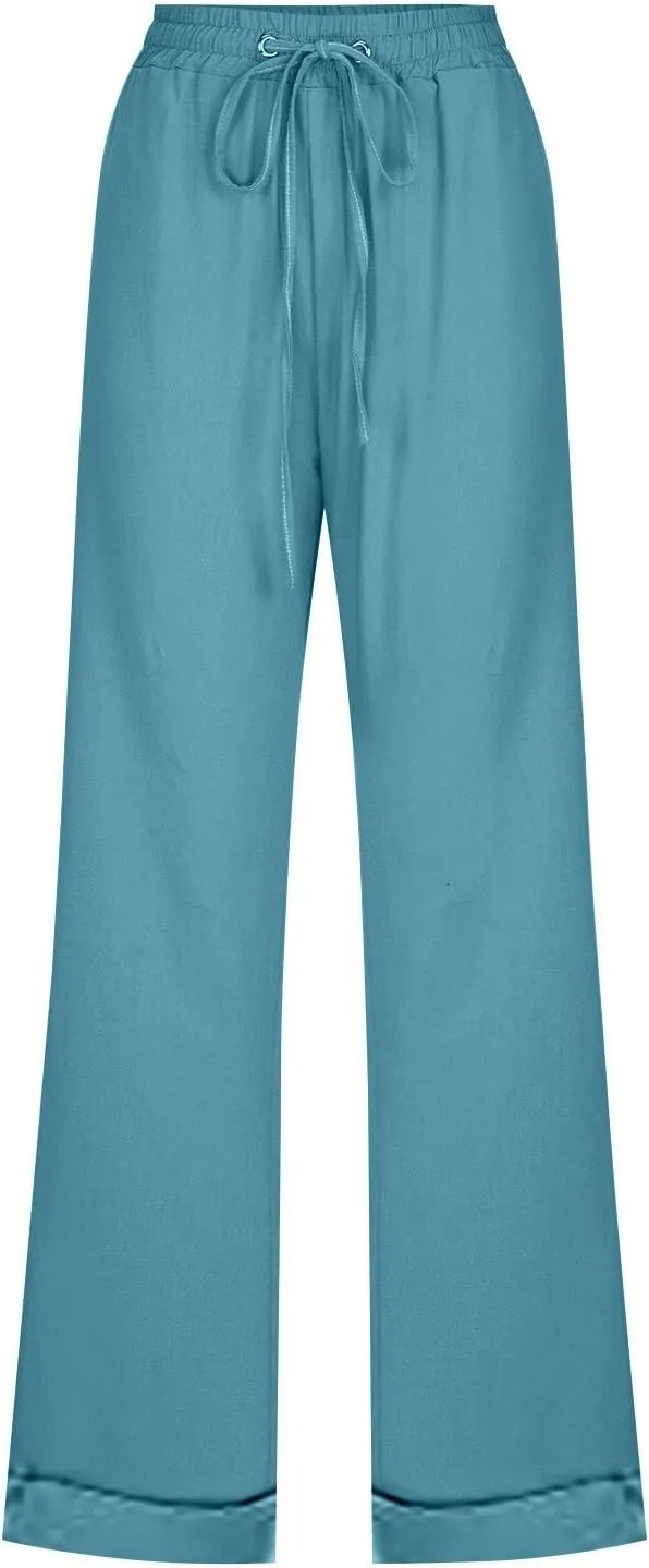 Linen Pants Women Casual Pants Straight Leg Drawstring Elastic High Waist Loose Comfy Trousers with Pockets