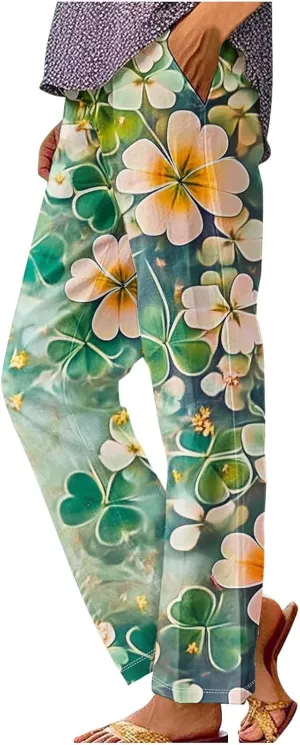 Linen Pants Women Dressy Floral Print Lounge Pants Summer Loose Comfy Straight Leg Trousers with Pockets 2025