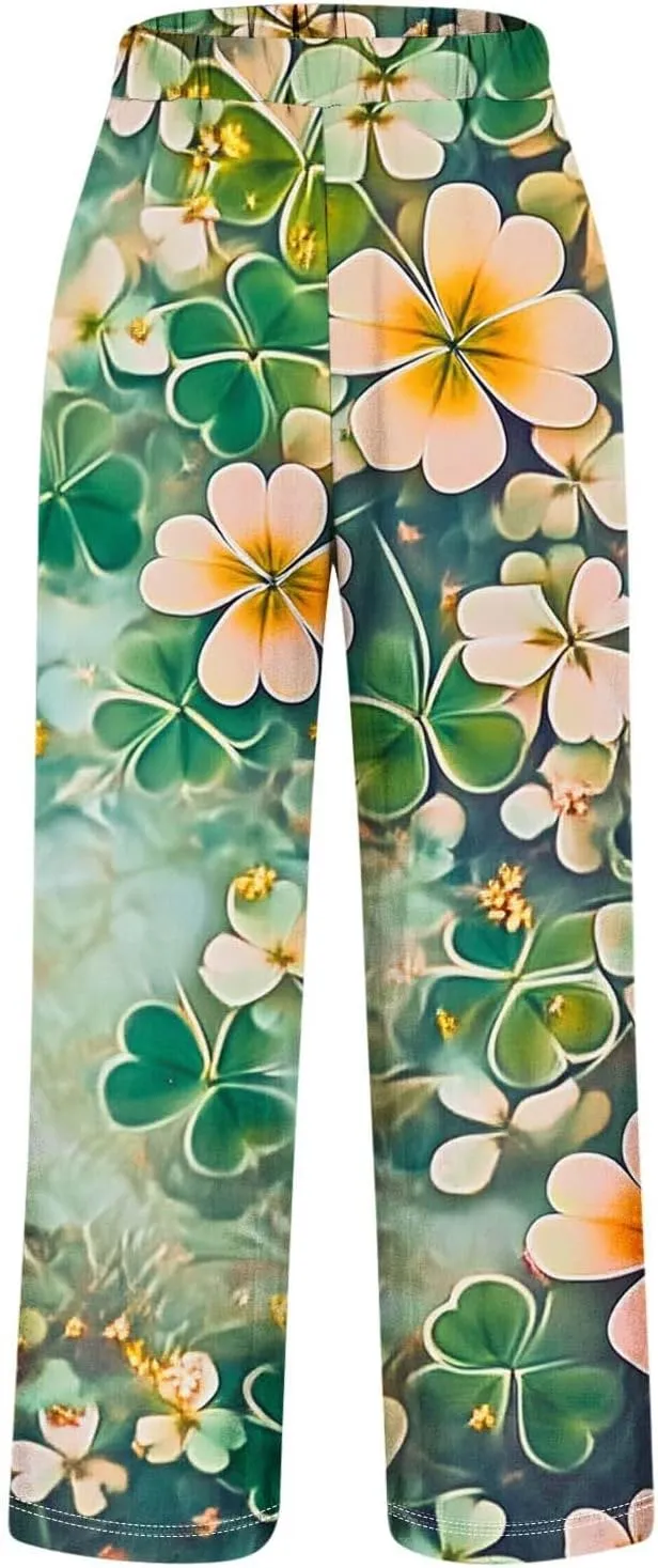 Linen Pants Women Dressy Floral Print Lounge Pants Summer Loose Comfy Straight Leg Trousers with Pockets 2025