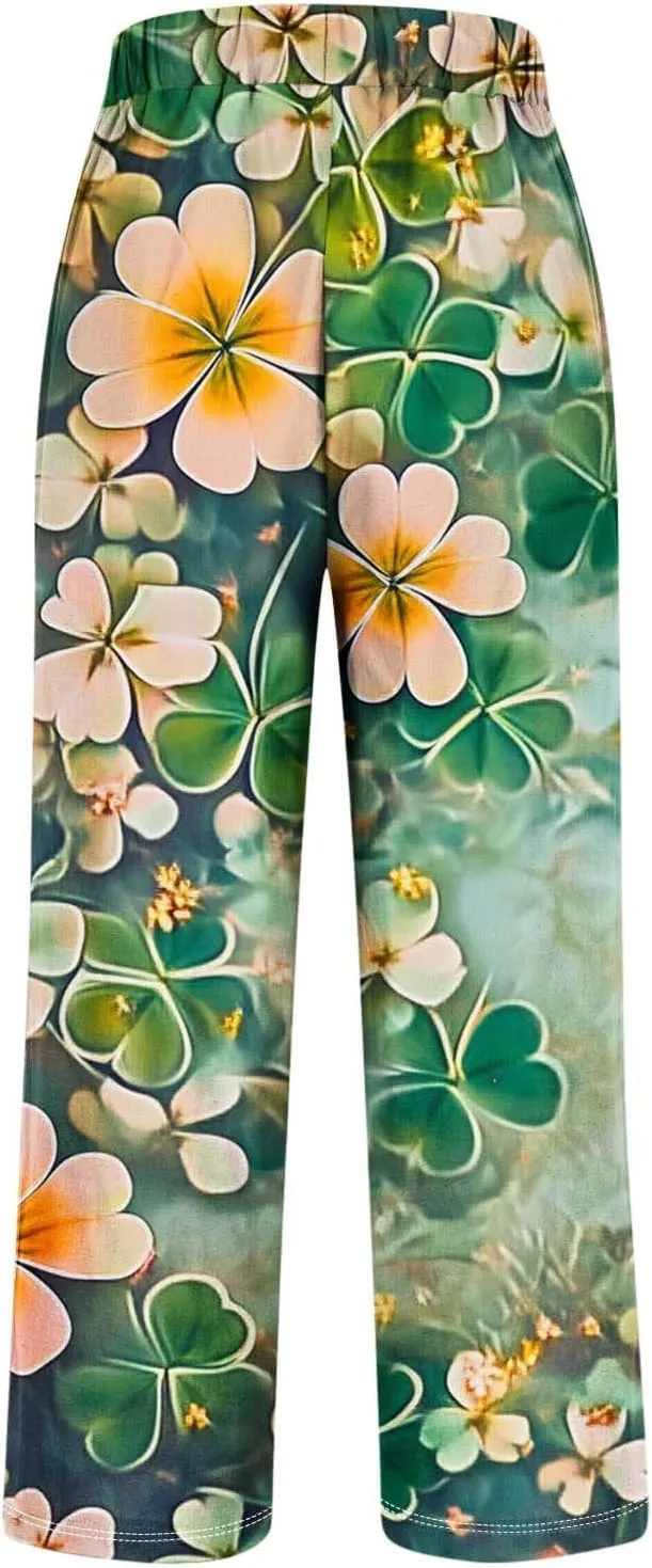 Linen Pants Women Dressy Floral Print Lounge Pants Summer Loose Comfy Straight Leg Trousers with Pockets 2025