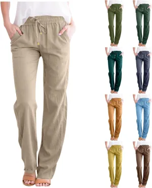 Linen Pants Women Lightweight Drawstring High Waisted Pull On Pants with Pockets Summer Boho Straight Leg Work Pants