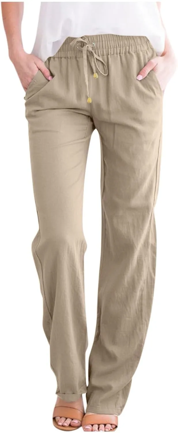 Linen Pants Women Lightweight Drawstring High Waisted Pull On Pants with Pockets Summer Boho Straight Leg Work Pants