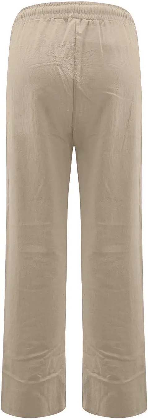 Linen Pants Women Lightweight Drawstring High Waisted Pull On Pants with Pockets Summer Boho Straight Leg Work Pants