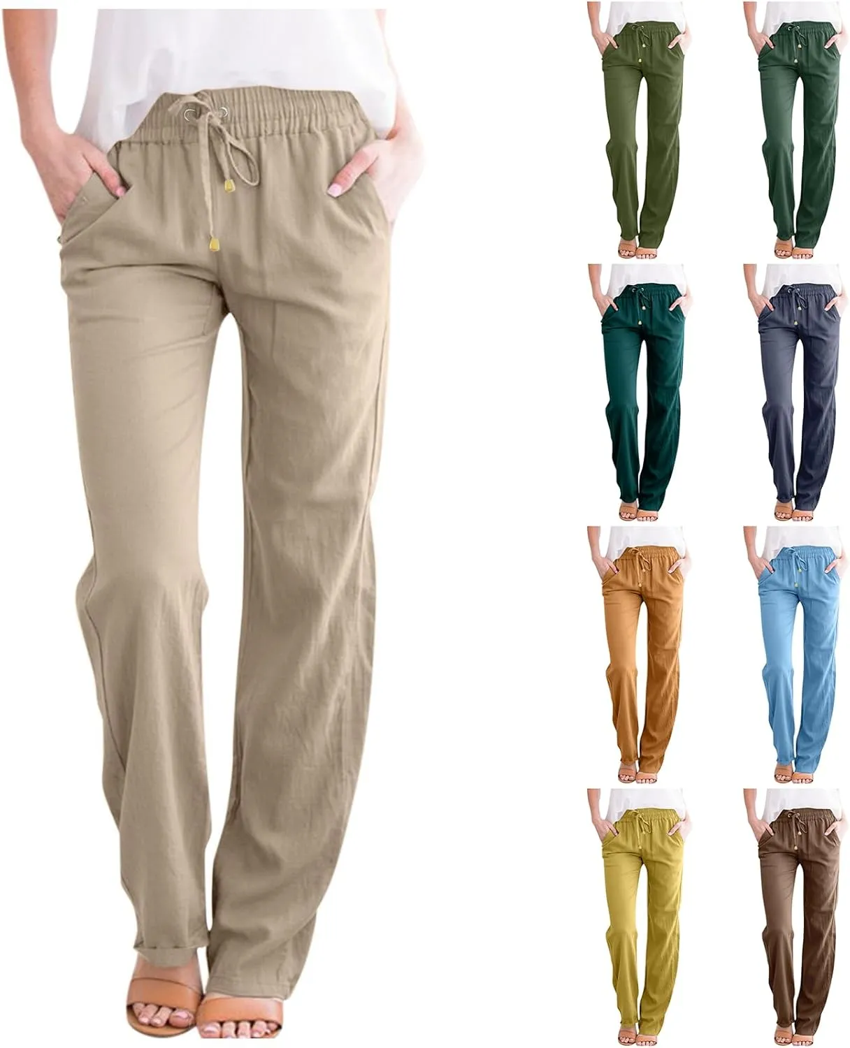 Linen Pants Women Lightweight Drawstring High Waisted Pull On Pants with Pockets Summer Boho Straight Leg Work Pants