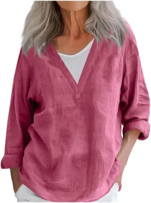 Linen Shirts for Women Summer Cotton Linen V Neck 3/4 Sleeve Tops Loose Solid Blouses Tunic Tops