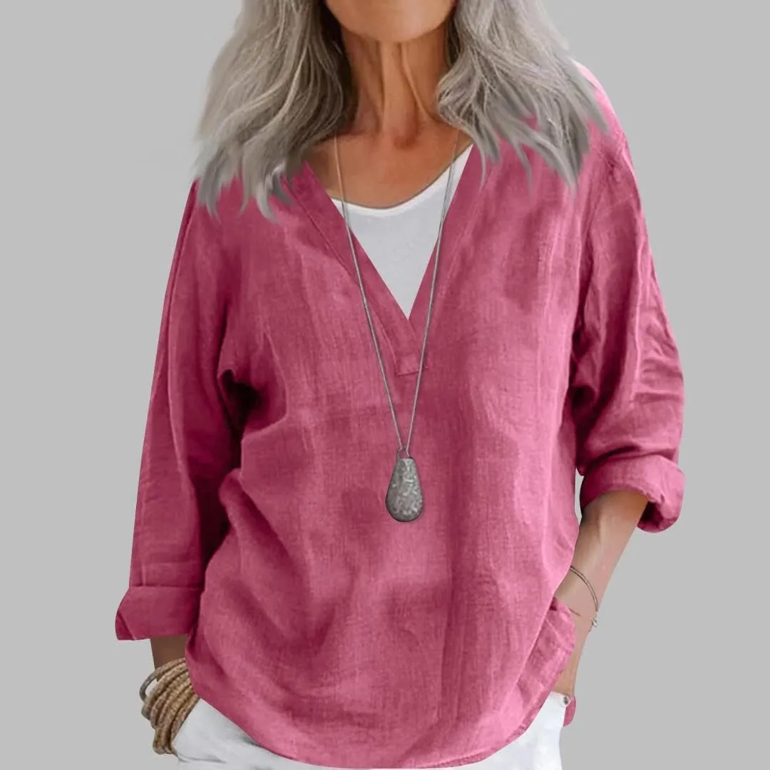Linen Shirts for Women Summer Cotton Linen V Neck 3/4 Sleeve Tops Loose Solid Blouses Tunic Tops