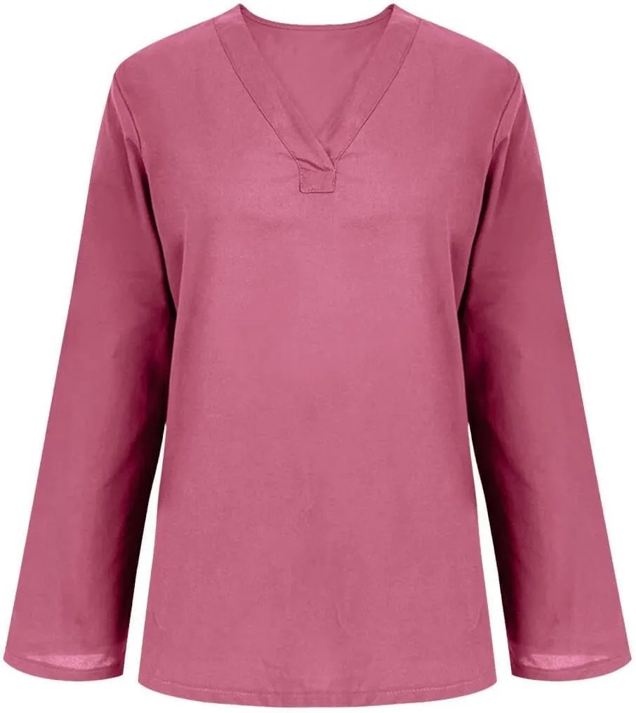 Linen Shirts for Women Summer Cotton Linen V Neck 3/4 Sleeve Tops Loose Solid Blouses Tunic Tops