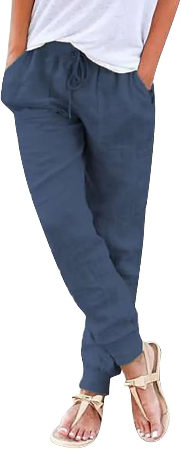 Linen Tapered Pants Women Drawstring Elastic Waist Casual Trousers with Pockets Straight Leg Loose Comfy Sweatpants