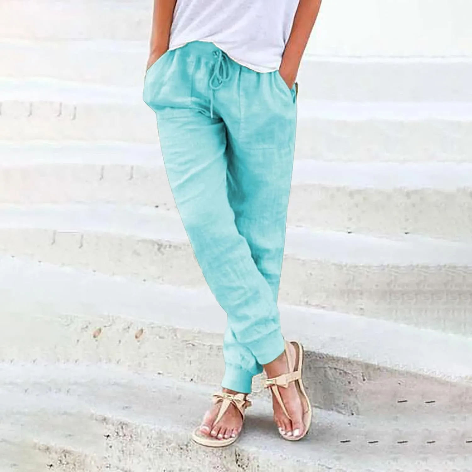 Linen Tapered Pants Women Drawstring Elastic Waist Casual Trousers with Pockets Straight Leg Loose Comfy Sweatpants