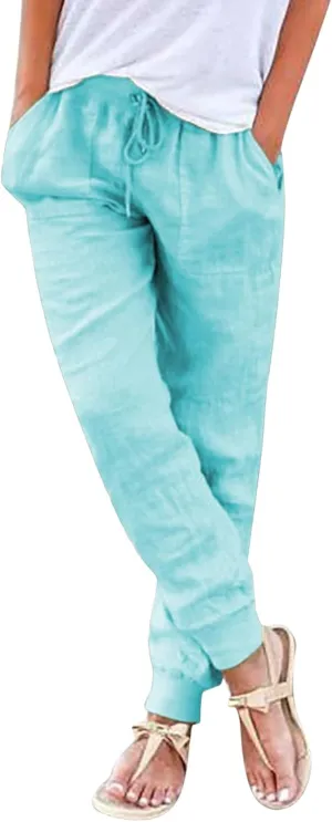 Linen Tapered Pants Women Drawstring Elastic Waist Casual Trousers with Pockets Straight Leg Loose Comfy Sweatpants